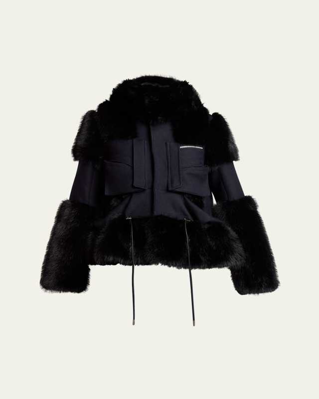 Faux-Fur Trim Wool Utility Jacket